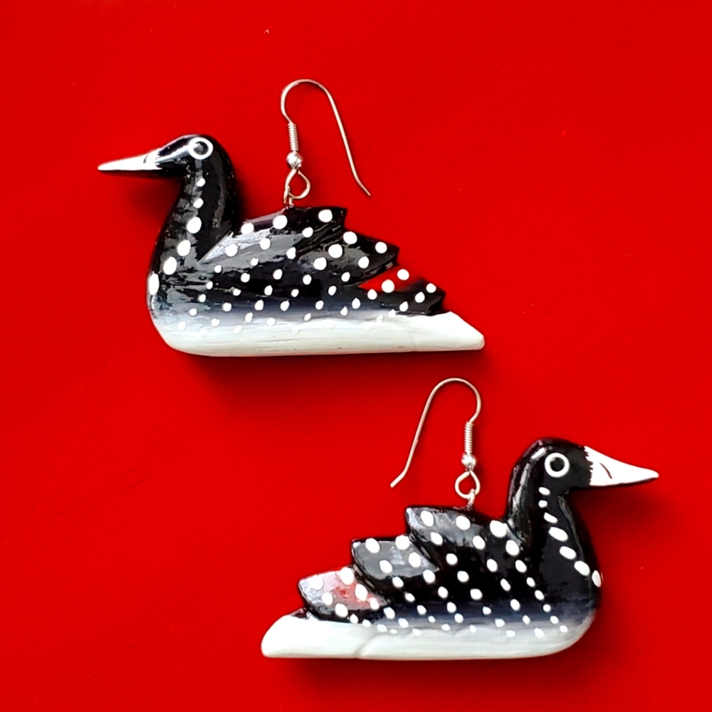 Wooden Duck Earrings Black and White Polka dot | hand-carved vintage 1980s
